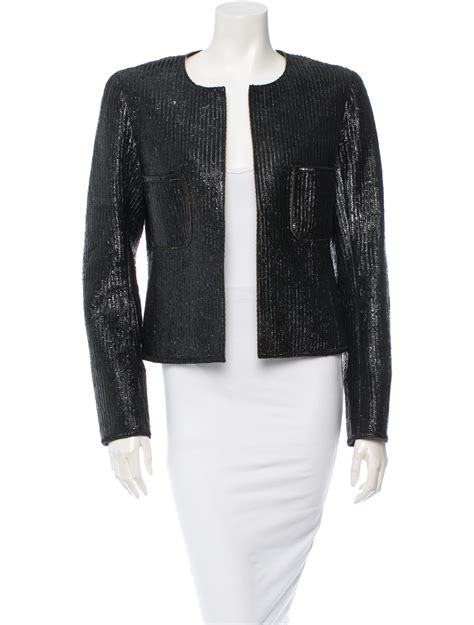 chanel women's suede coat eyelet with green sequin embroidery|chanel leather jacket.